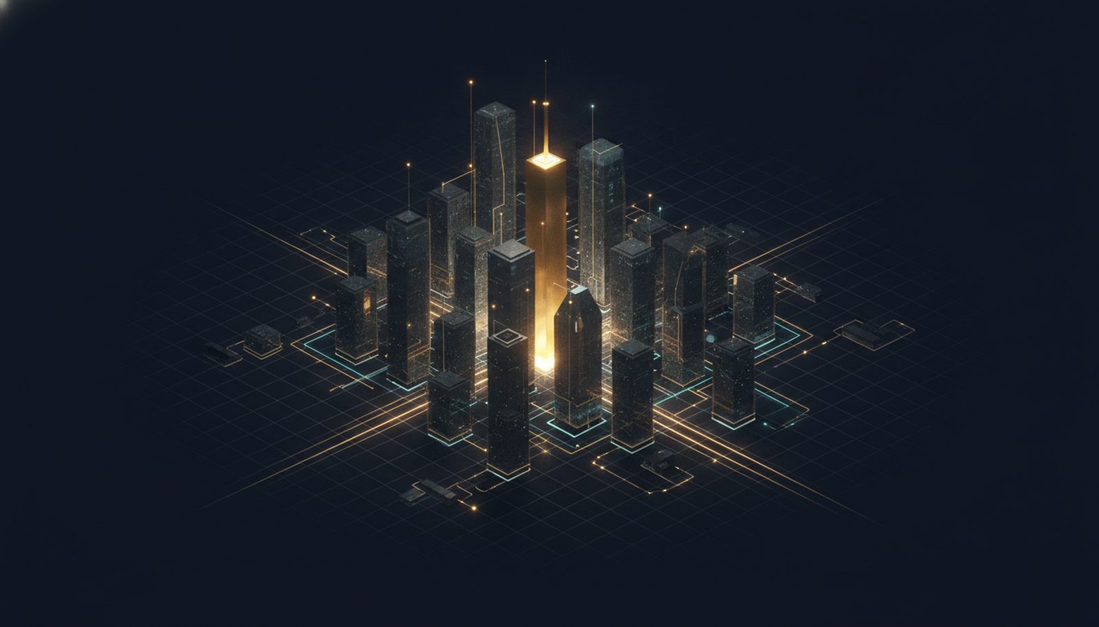Concept art: a business empire growing outward from a single gold-lit building