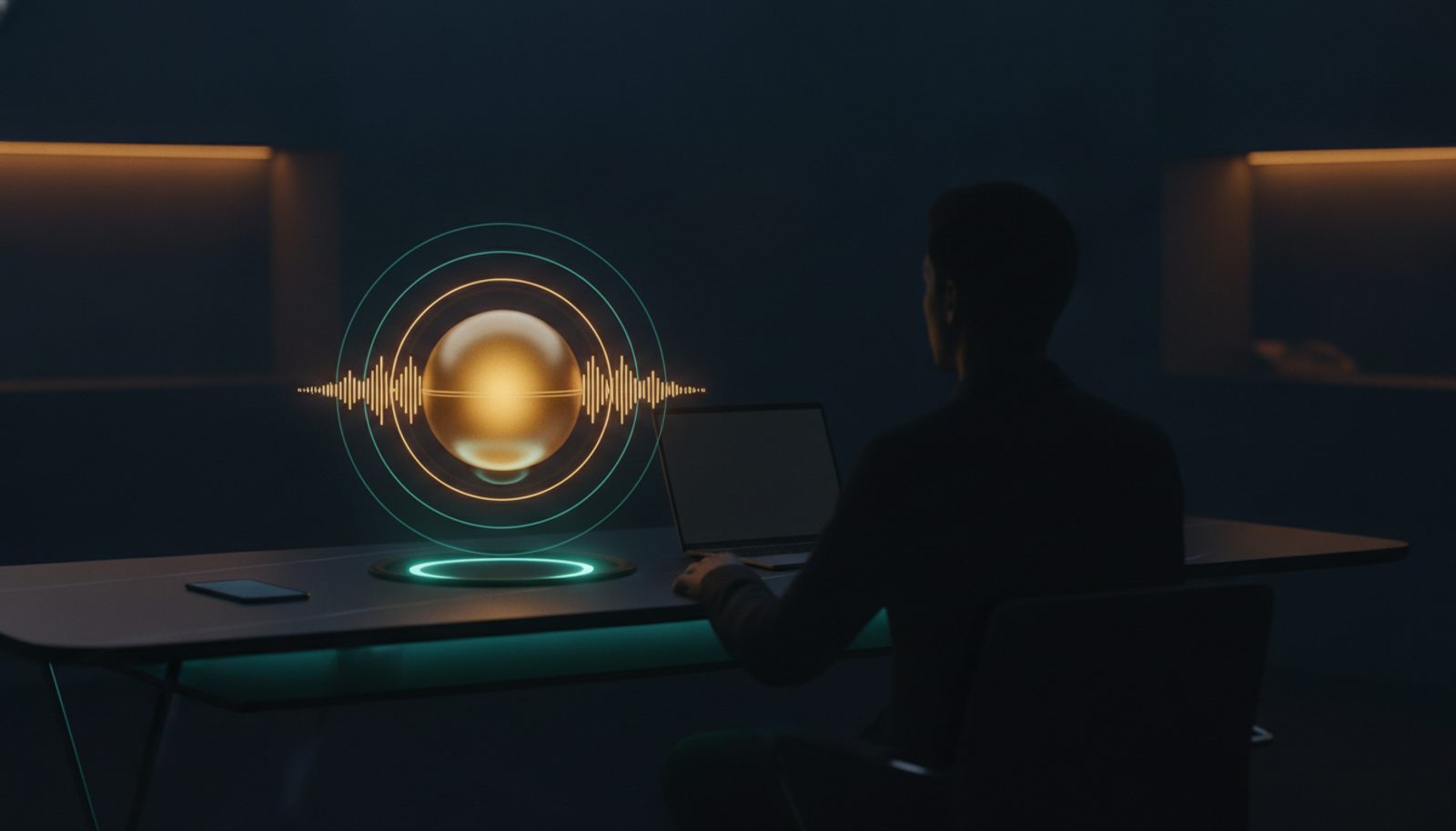 Concept art: a person at a desk speaking to a glowing golden voice orb